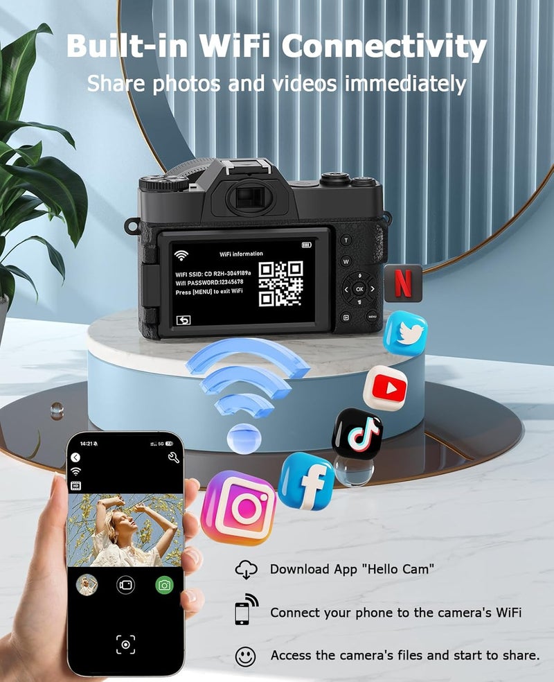 FLATIC Store Cameras for Photography, 6K 64MP Digital Camera with WiFi & Microphone for Youtuber, 16X Zoom Vlogging Camera with 180°Flip Screen, 64GB Card, 2 Batteries, Macro & Wide-Angle Lens, Card Reader - Image 5